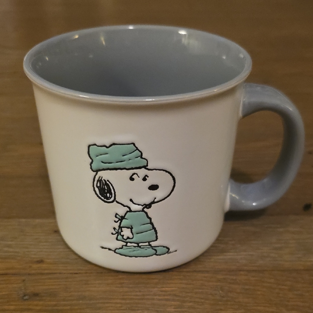 Peanuts- Snoopy With Scrubs-White Mug with Gray Accents/ Thank You